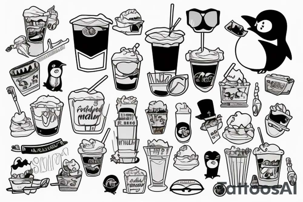penguin with sunglasses drinking a milkshake tattoo idea