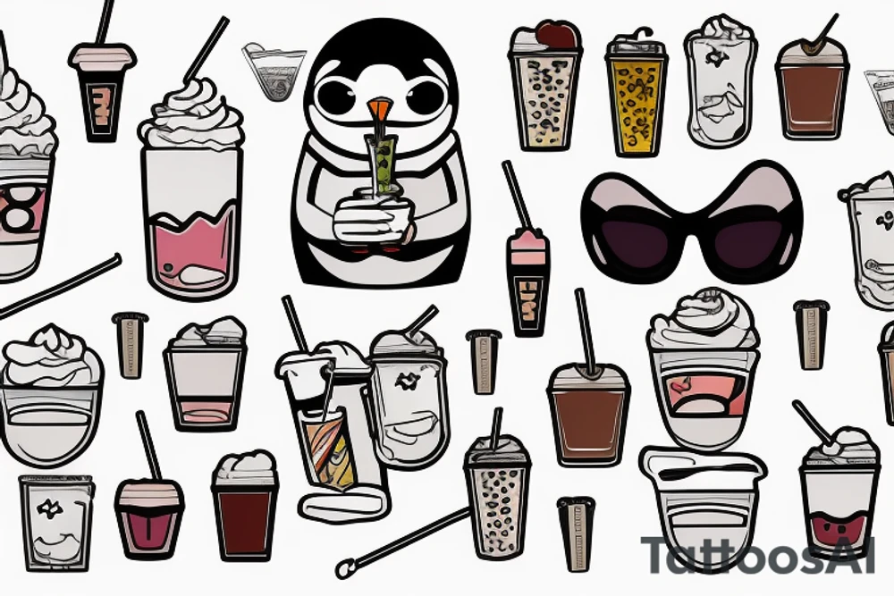 penguin with sunglasses drinking a milkshake tattoo idea