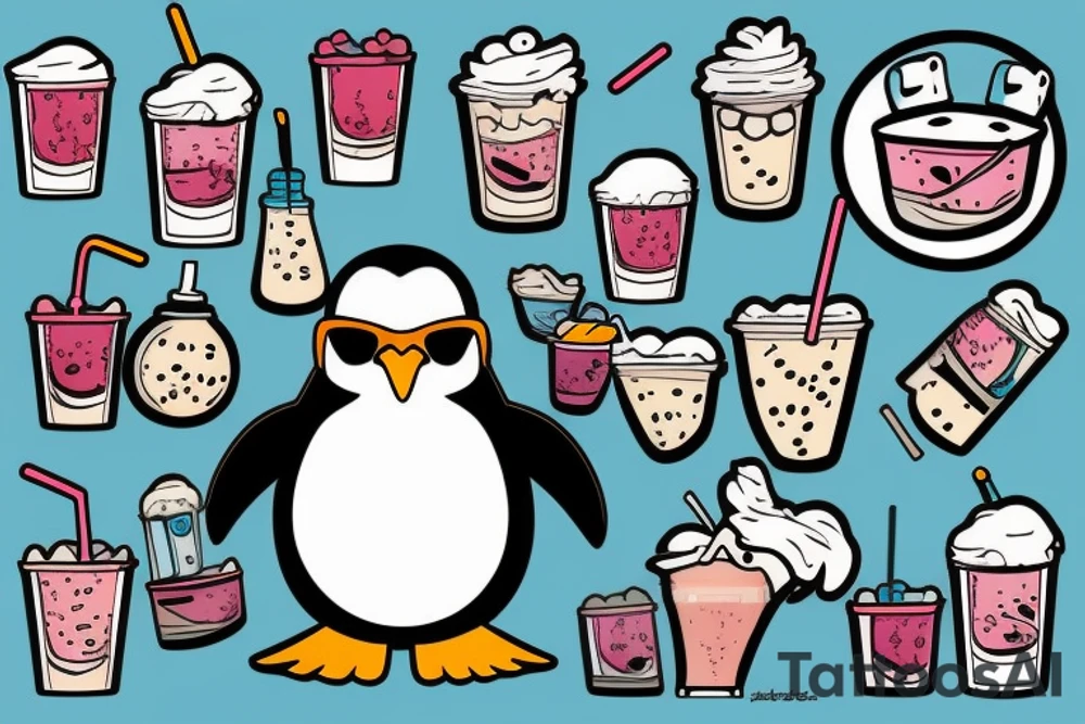 penguin with sunglasses drinking a milkshake tattoo idea