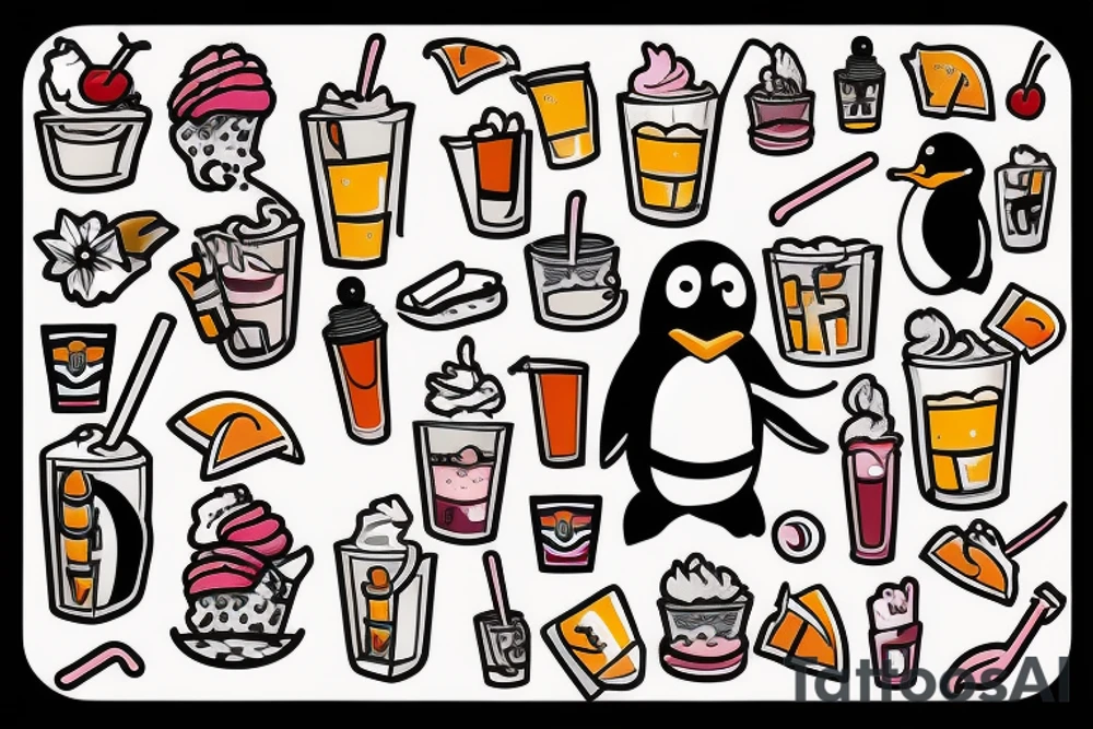 penguin with sunglasses drinking a milkshake tattoo idea