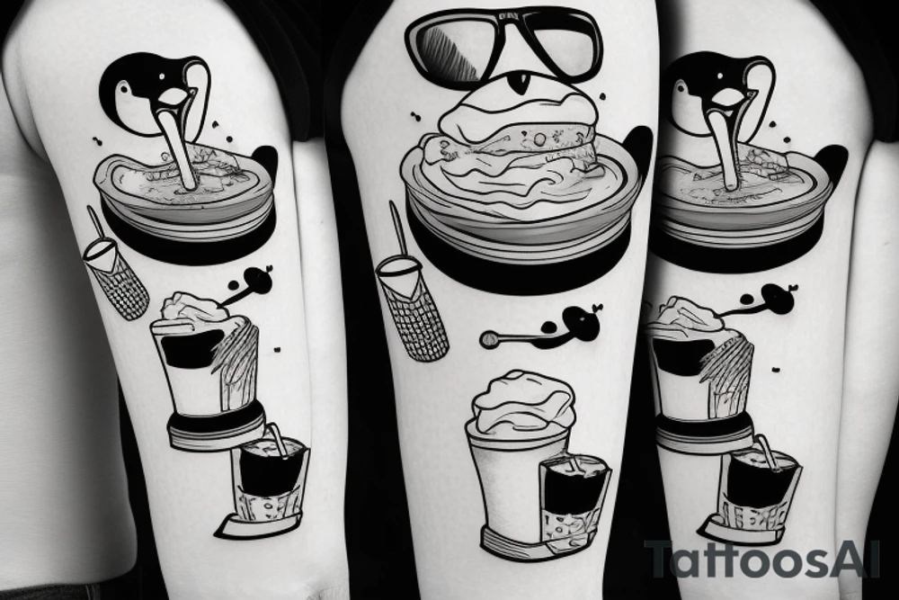 penguin with sunglasses drinking a milkshake tattoo idea