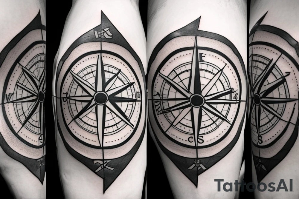 Two arrows intersecting making a compass with a mountain range in the middle tattoo idea