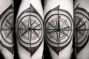 Two arrows intersecting making a compass with a mountain range in the middle tattoo idea