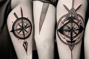 Two arrows intersecting making a compass with a mountain range in the middle tattoo idea