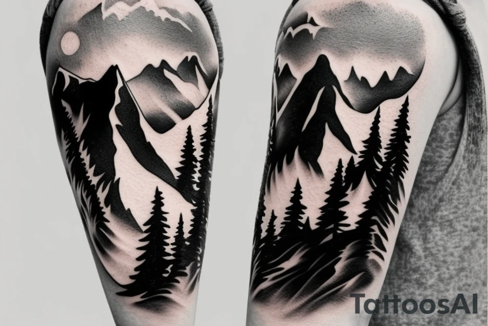 realistic ski mountain near a lake tattoo idea