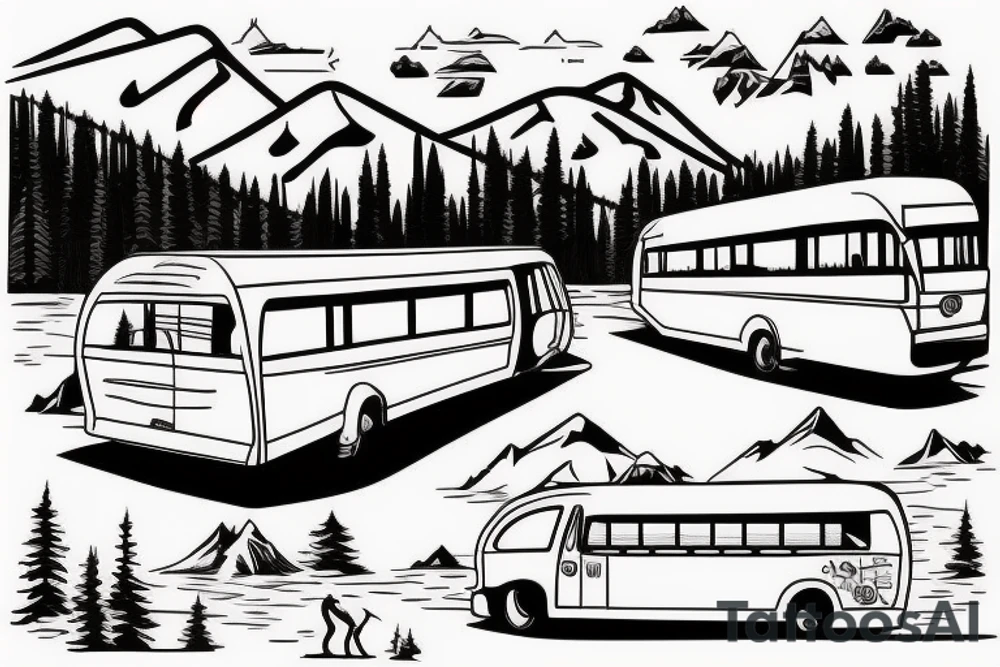 ski mountain near a lake with bus in the distance tattoo idea