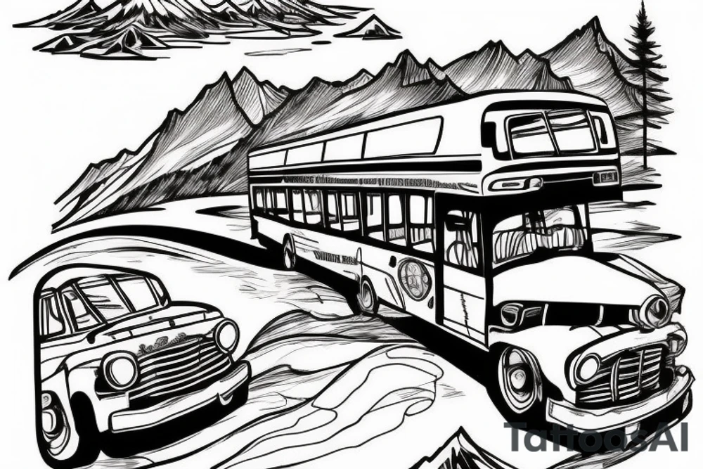 ski mountain near a lake with bus in the distance tattoo idea