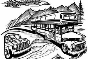 ski mountain near a lake with bus in the distance tattoo idea