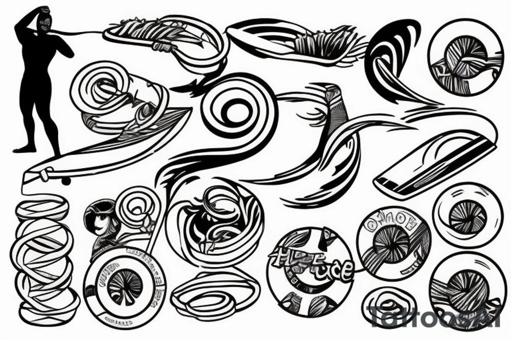 man surfing with hula hoop tattoo idea