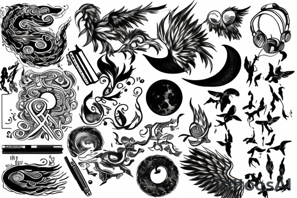 Music, book, pen, moon, rain, camera, phoenix tattoo idea