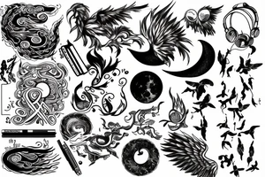 Music, book, pen, moon, rain, camera, phoenix tattoo idea