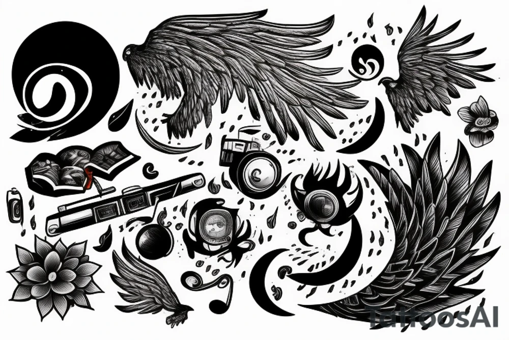 Music, book, pen, moon, rain, camera, phoenix tattoo idea