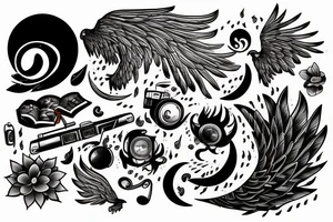 Music, book, pen, moon, rain, camera, phoenix tattoo idea