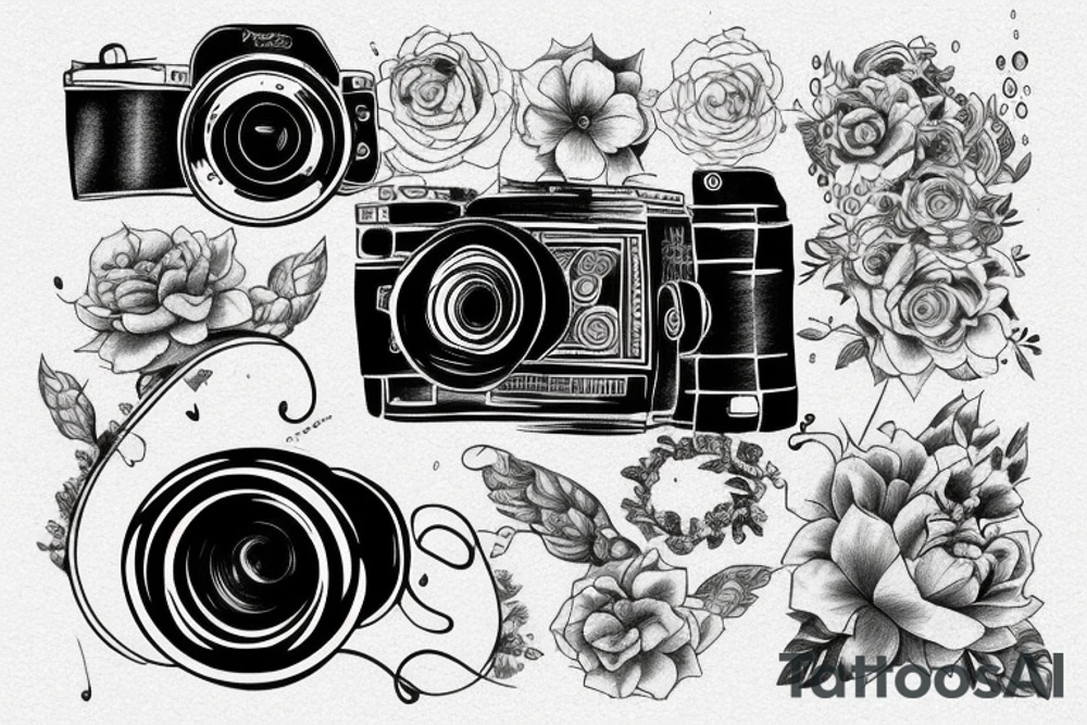 Photographer with a camera on a rainy day listening to music tattoo idea