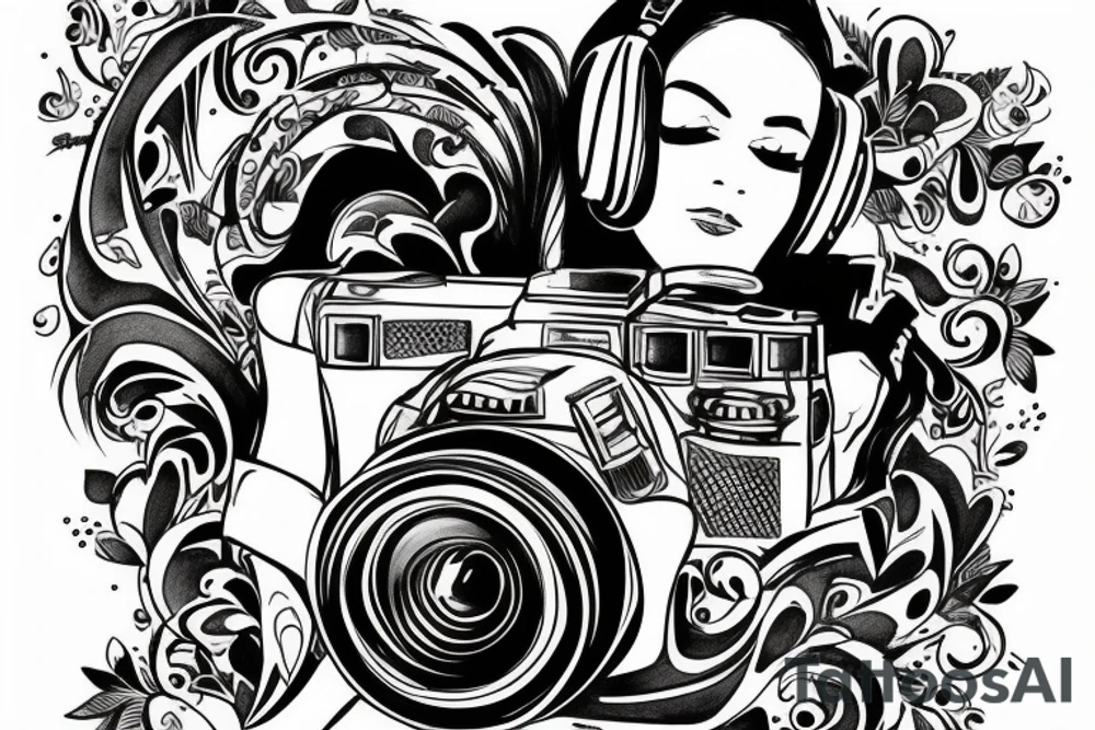 Photographer with a camera on a rainy day listening to music tattoo idea