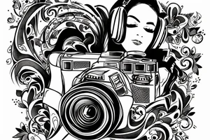 Photographer with a camera on a rainy day listening to music tattoo idea