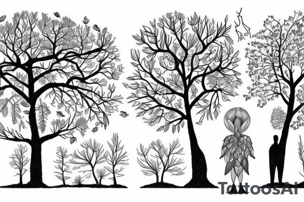 Toni Demuro inspired, tree, person, dreamy, nature is stronger than humans, nature vs city tattoo idea