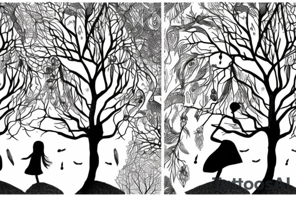 Toni Demuro inspired, tree, person, dreamy, nature is stronger than humans, nature vs city tattoo idea