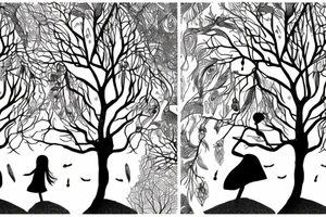 Toni Demuro inspired, tree, person, dreamy, nature is stronger than humans, nature vs city tattoo idea