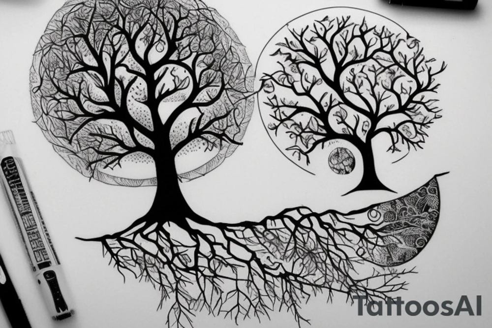 Toni Demuro inspired, tree, person, dreamy, nature is stronger than humans, nature vs city, face, tree of life, moon, house tattoo idea