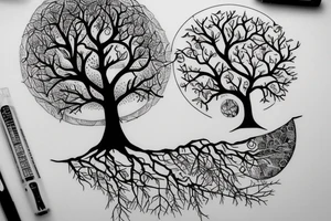 Toni Demuro inspired, tree, person, dreamy, nature is stronger than humans, nature vs city, face, tree of life, moon, house tattoo idea