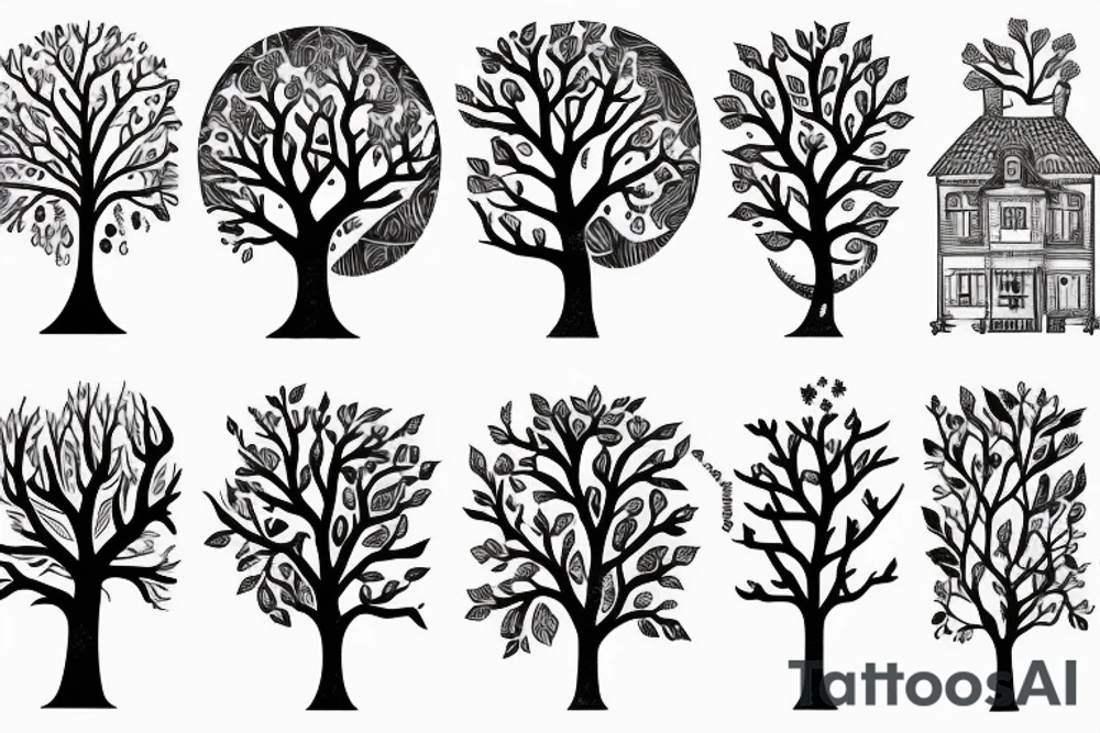 Toni Demuro inspired, tree, person, dreamy, nature is stronger than humans, nature vs city, face, tree of life, moon, house, dog, tattoo idea