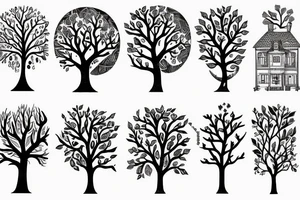 Toni Demuro inspired, tree, person, dreamy, nature is stronger than humans, nature vs city, face, tree of life, moon, house, dog, tattoo idea