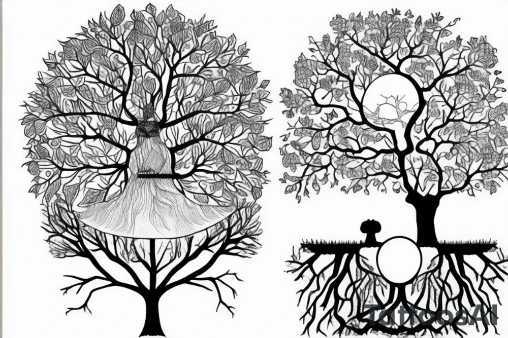 Toni Demuro inspired, tree, person, dreamy, nature is stronger than humans, nature vs city, face, tree of life, moon, house, dog, tattoo idea