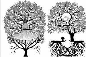 Toni Demuro inspired, tree, person, dreamy, nature is stronger than humans, nature vs city, face, tree of life, moon, house, dog, tattoo idea