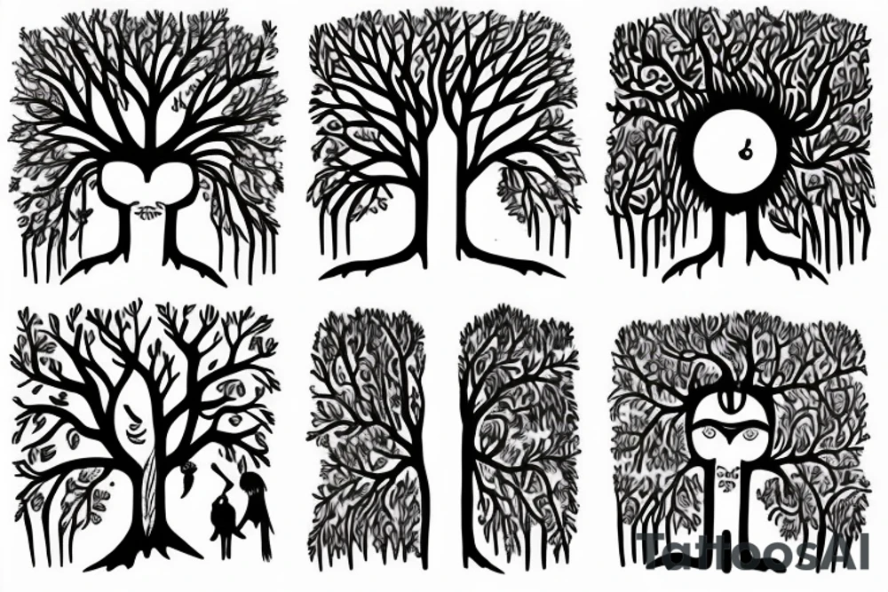 Toni Demuro inspired, tree, person, dreamy, nature is stronger than humans, nature vs city, face, tree of life, moon, house, dog, tattoo idea
