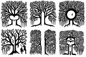 Toni Demuro inspired, tree, person, dreamy, nature is stronger than humans, nature vs city, face, tree of life, moon, house, dog, tattoo idea