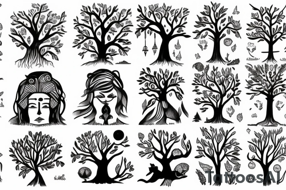 Toni Demuro inspired, tree, person, dreamy, nature is stronger than humans, nature vs city, face, tree of life, moon, house, dog, tattoo idea