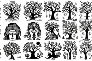 Toni Demuro inspired, tree, person, dreamy, nature is stronger than humans, nature vs city, face, tree of life, moon, house, dog, tattoo idea