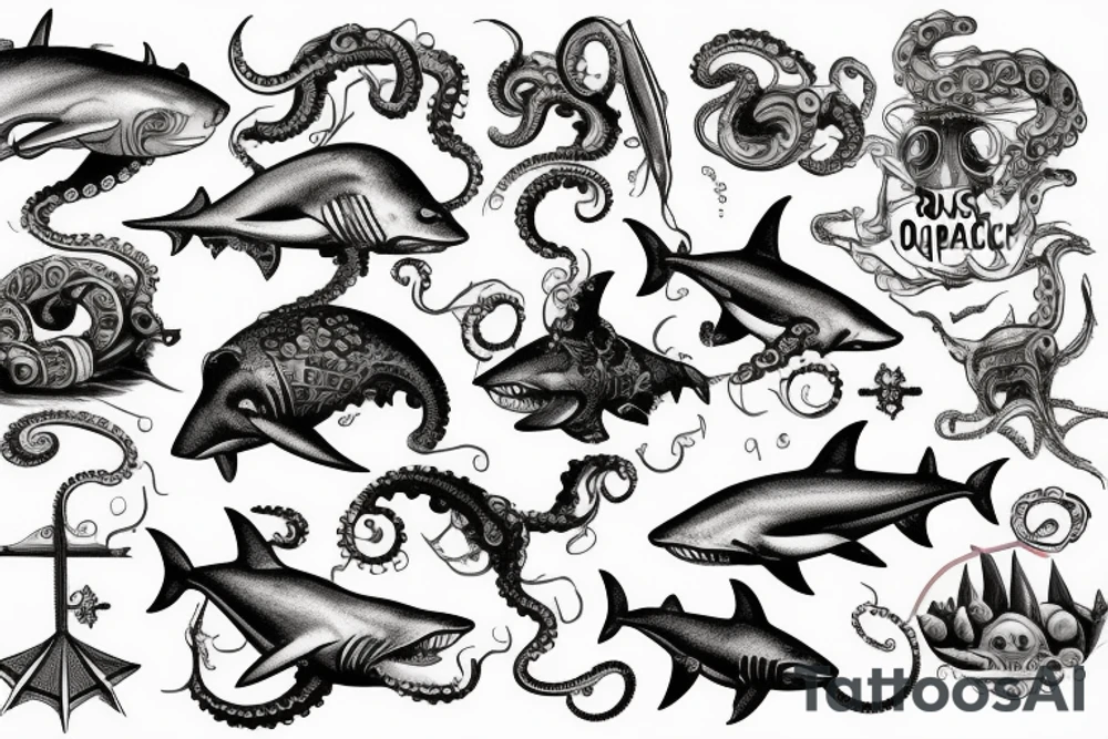 1500s medieval sunken shipwreck under-the-sea, shark, octopus, fish tattoo idea