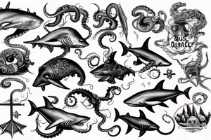 1500s medieval sunken shipwreck under-the-sea, shark, octopus, fish tattoo idea