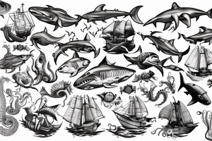 1500s medieval sunken shipwreck under-the-sea, shark, octopus, fish tattoo idea