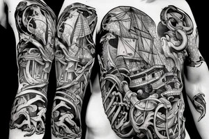 1500s medieval shipwreck being attacked by giant squid tattoo idea
