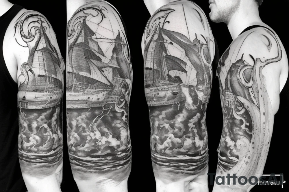 1500s medieval shipwreck being attacked by giant squid tattoo idea 1500s medieval shipwreck being attacked by giant squid tattoo idea