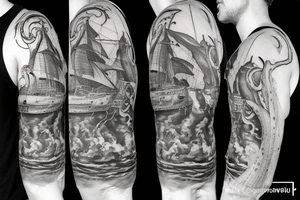1500s medieval shipwreck being attacked by giant squid tattoo idea