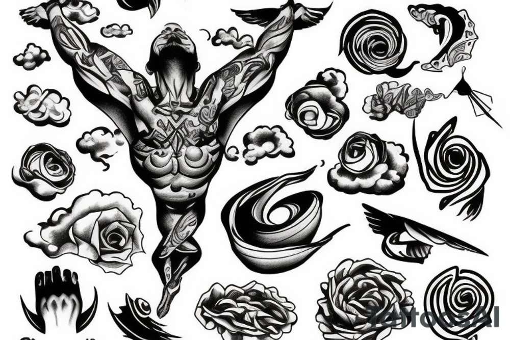 man levitating, 3/4 view, looking up the sky tattoo idea