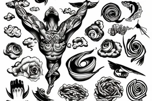 man levitating, 3/4 view, looking up the sky tattoo idea