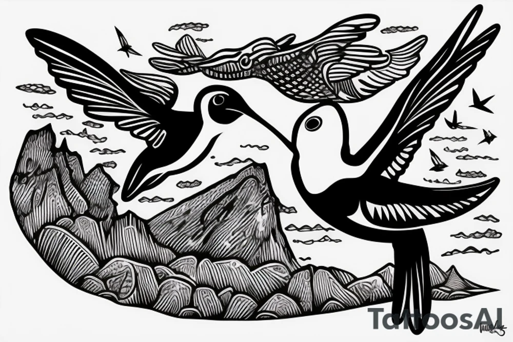 hummingbird in the mountains with a humpback whale in the ocean tattoo idea
