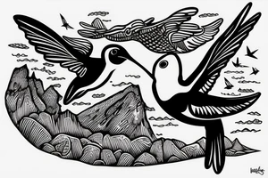 hummingbird in the mountains with a humpback whale in the ocean tattoo idea