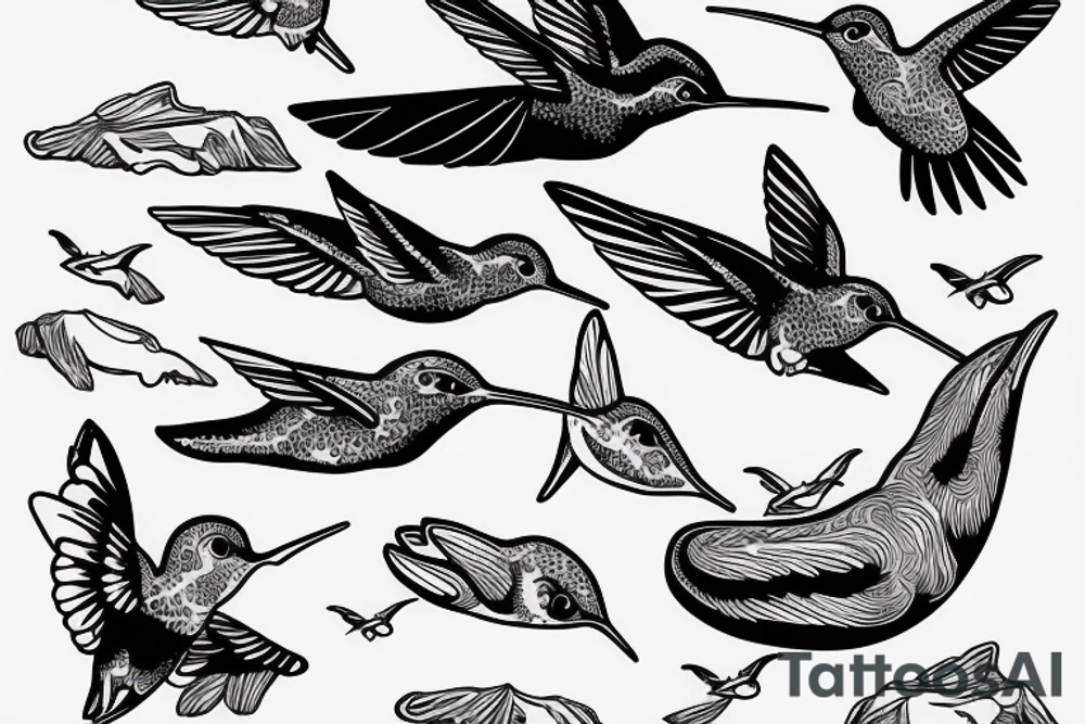 hummingbird in the mountains with a humpback whale in the ocean tattoo idea