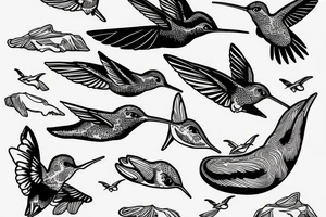 hummingbird in the mountains with a humpback whale in the ocean tattoo idea