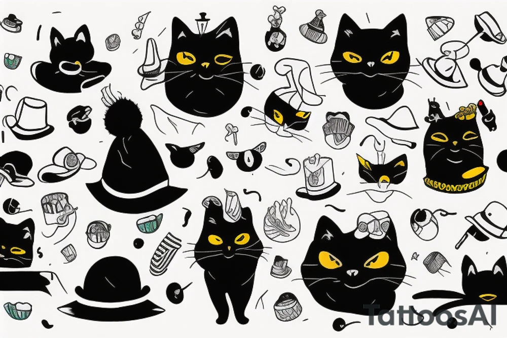 black cat with a funny hat and sweater tattoo idea