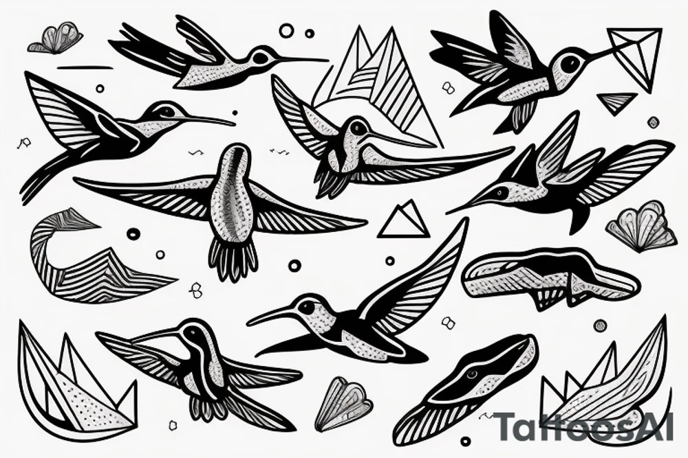 hummingbird in the mountains with a humpback whale in the ocean tattoo idea