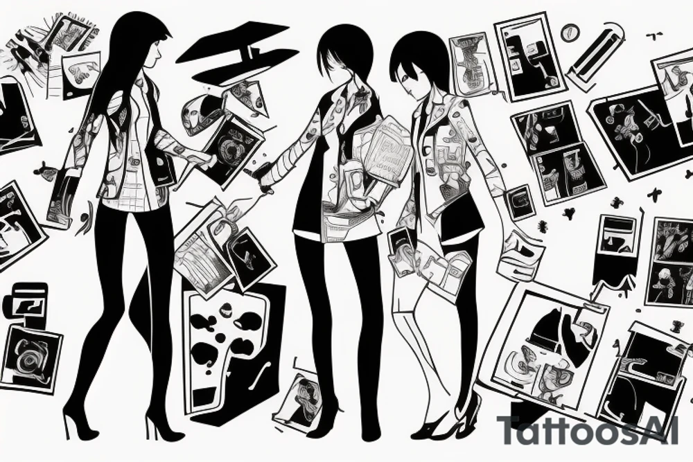 two female detectives from the Wii game Guilty Party trying to solve a mystery tattoo idea