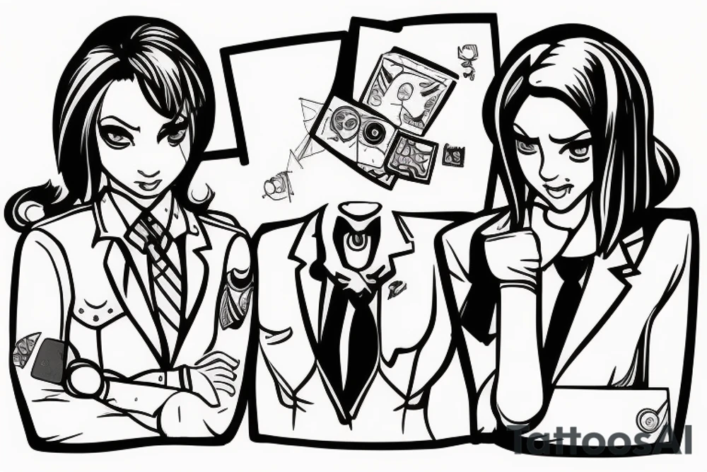 two female detectives from the Wii game Guilty Party trying to solve a mystery tattoo idea
