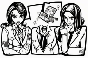 two female detectives from the Wii game Guilty Party trying to solve a mystery tattoo idea